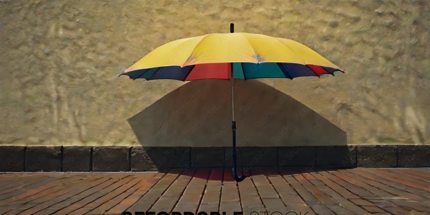 A yellow and red umbrella on a brick sidewalk