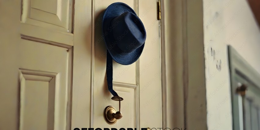 A blue hat hanging on a door knob