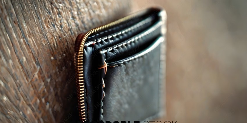 A black leather wallet with a gold zipper