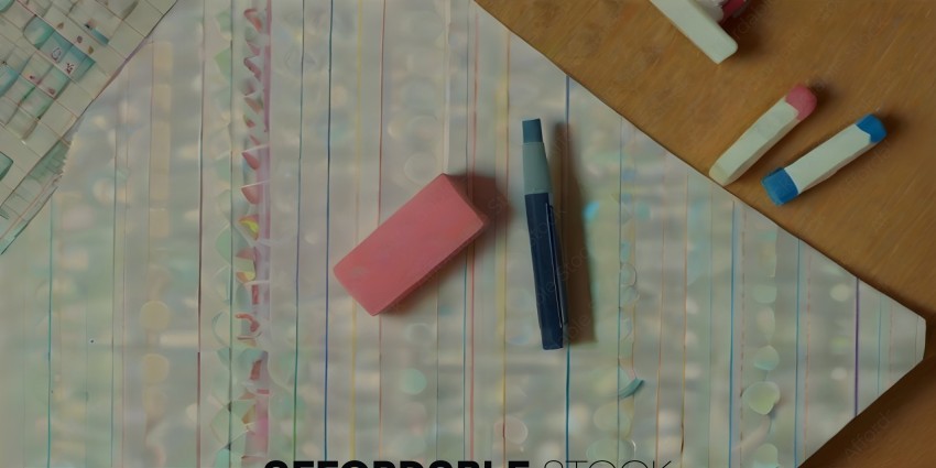 A pink crayon and a blue pen on a piece of paper