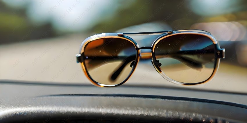 A pair of sunglasses with a reflection of a car in the lenses