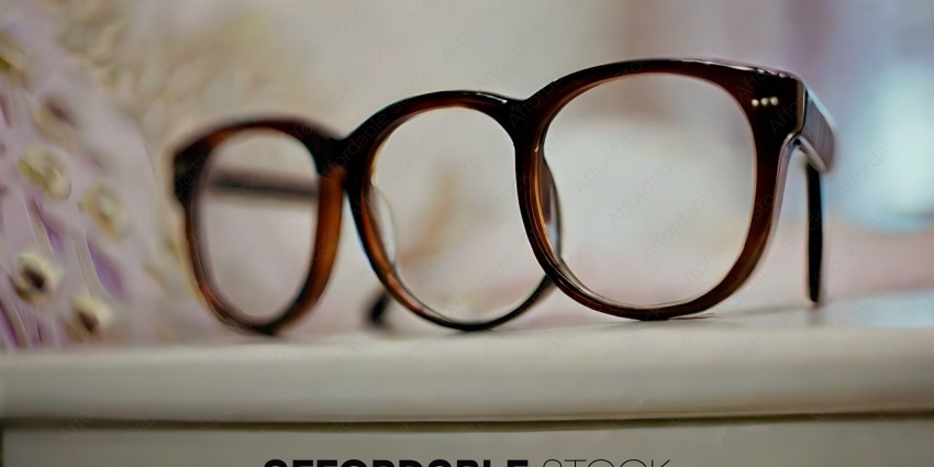 A pair of glasses with a brown frame