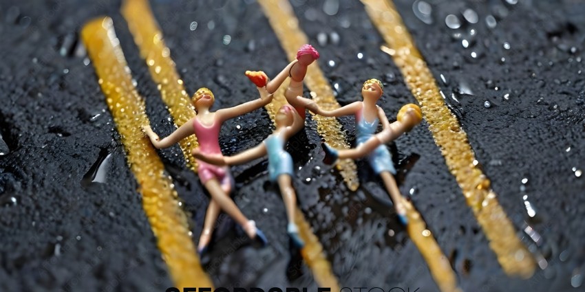 Dolls on a rain soaked surface