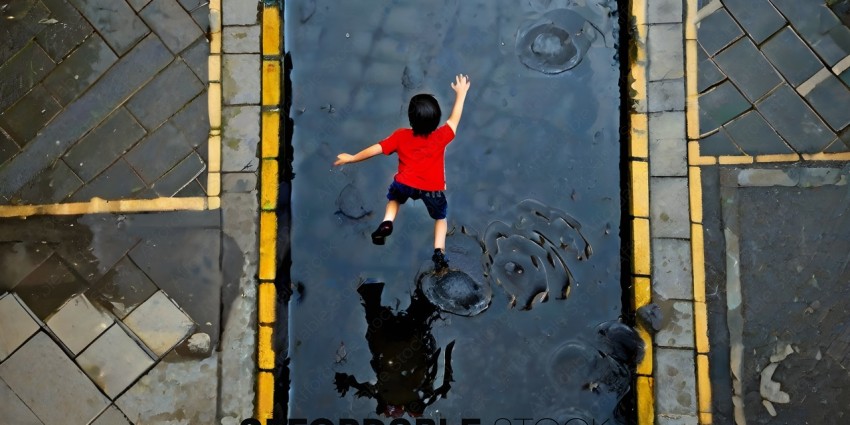 A child's reflection in a puddle