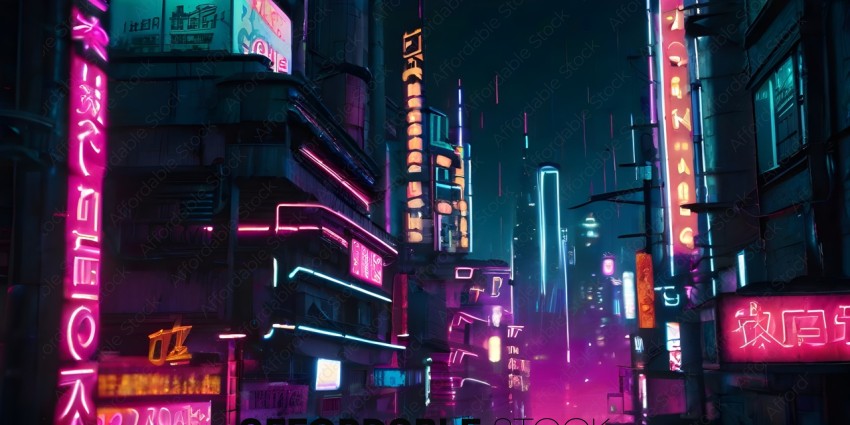 A cityscape at night with neon lights