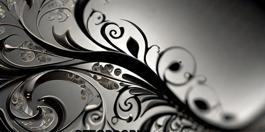 A black and white metal design with a leaf and a flower