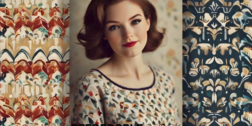 A woman with a flower print shirt and red lipstick