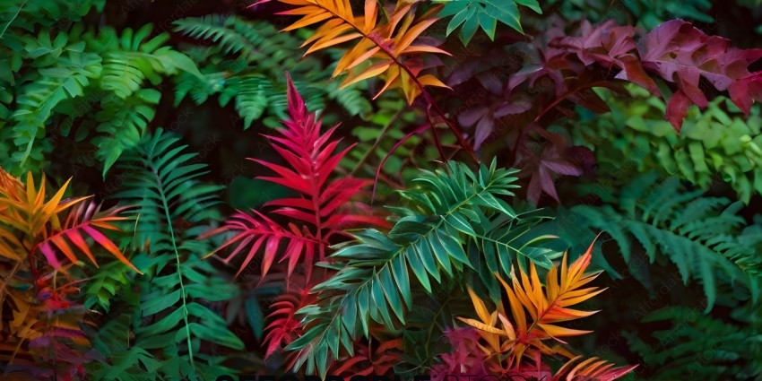 A close up of a plant with red, yellow, and green leaves