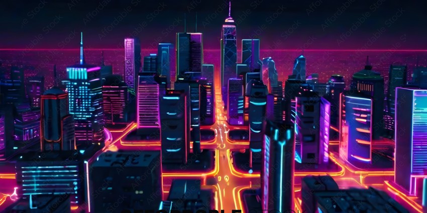 A futuristic cityscape with neon lights and a purple sky