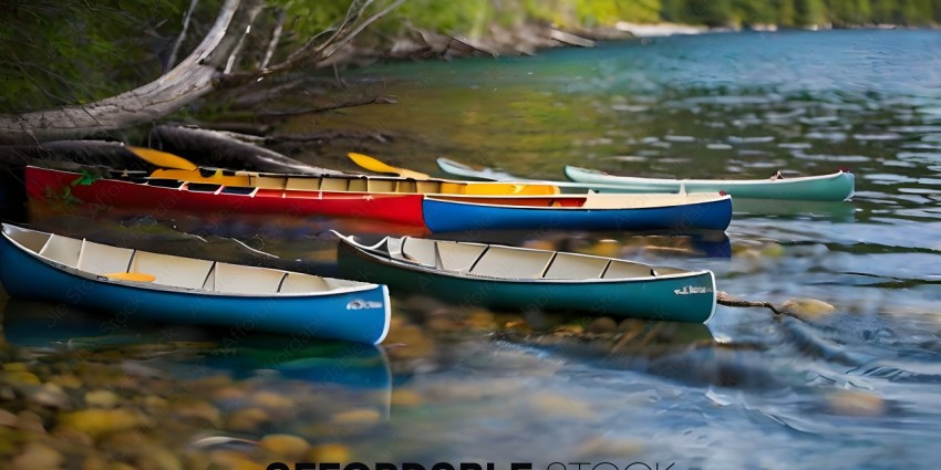 Canoes of Different Colors Lined Up on the Shore