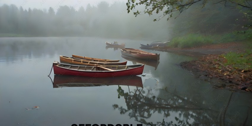 Red Canoes on a Misty Lake