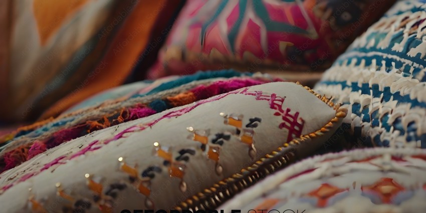 A close up of a colorful, patterned blanket