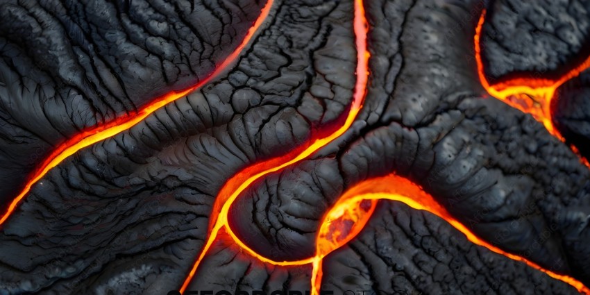 A close up of a cracked, red, and black surface with a yellow glow