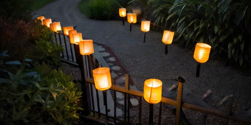 A row of yellow lanterns hanging from a fence