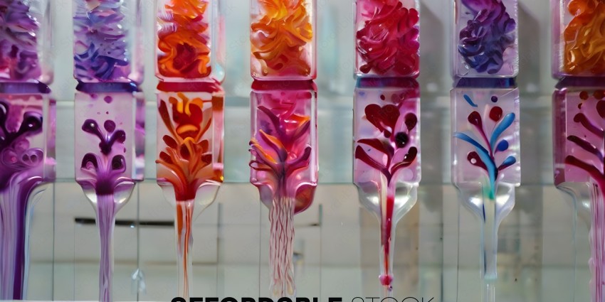 Glass vases with colored liquid in them