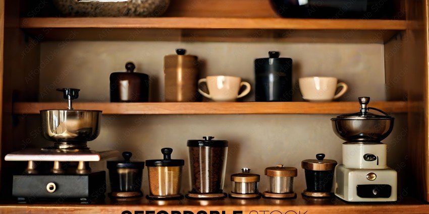 A collection of coffee pots and tea pots on a shelf