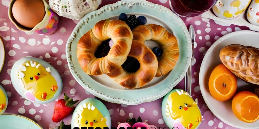 Easter Eggs and Pastries on a Pink Tablecloth