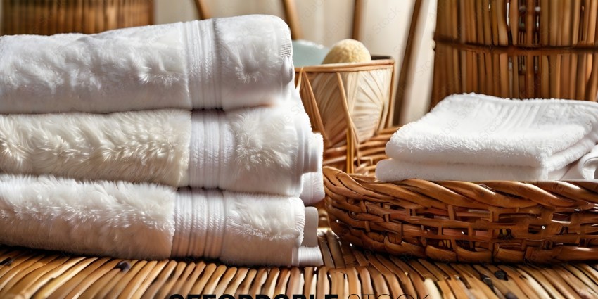 A stack of white towels on a wicker basket