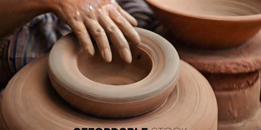 A hand is holding a pottery wheel