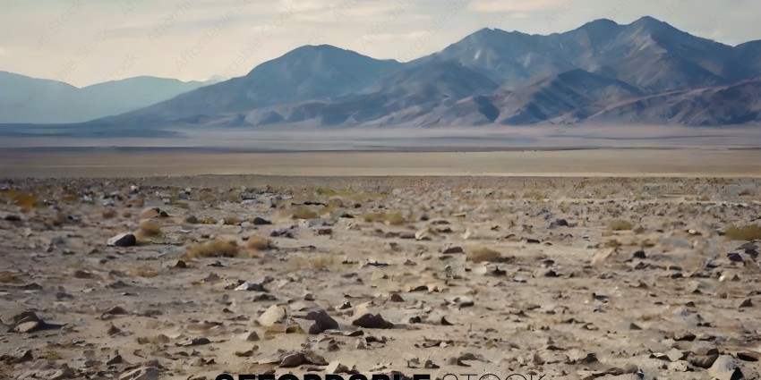A barren desert landscape with mountains in the background