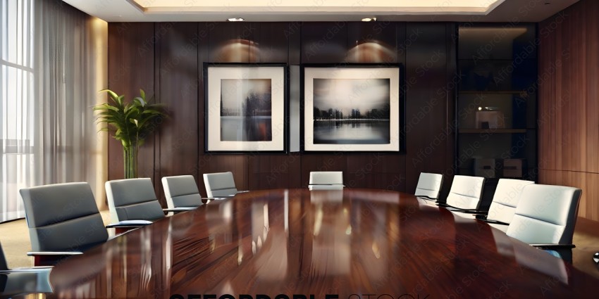 A conference room with two pictures on the wall