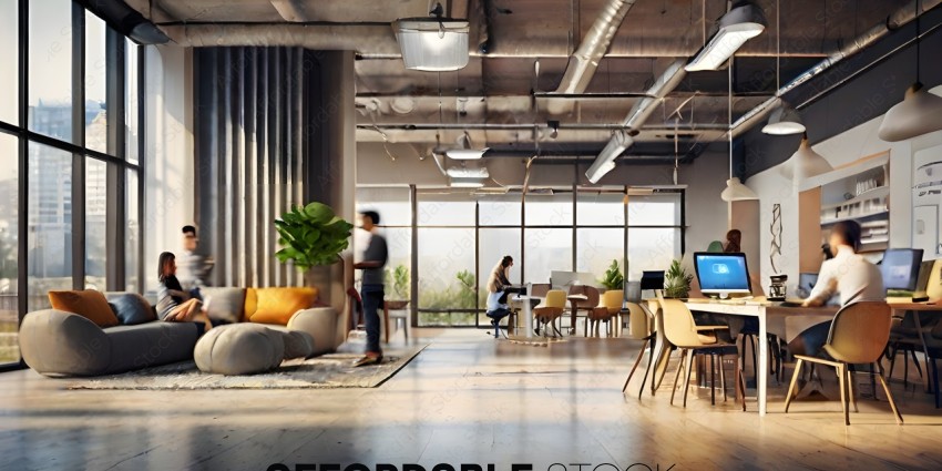 A large open office space with a few people working