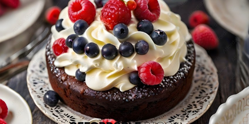 A delicious chocolate cake with raspberries and blueberries on top