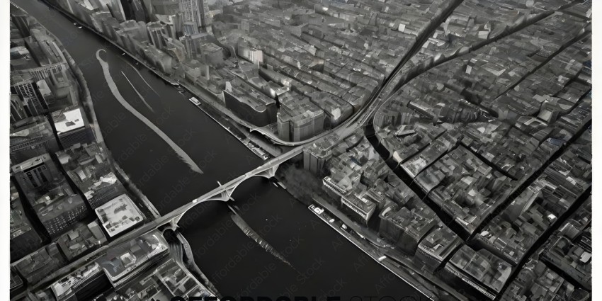 A black and white photo of a city with a river running through it