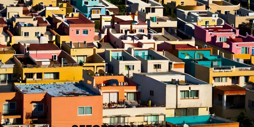 A cityscape of multi-colored buildings