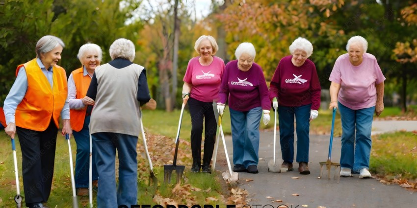 Four women cleaning up leaves on a sidewalk