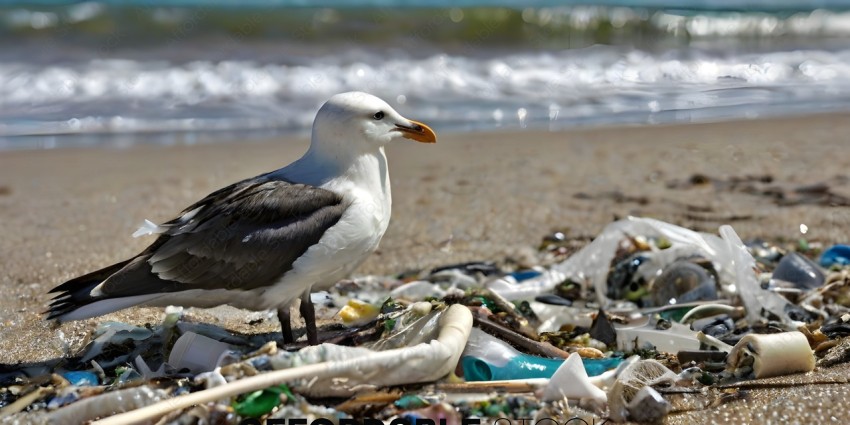 A seagull stands on a pile of trash on the beach