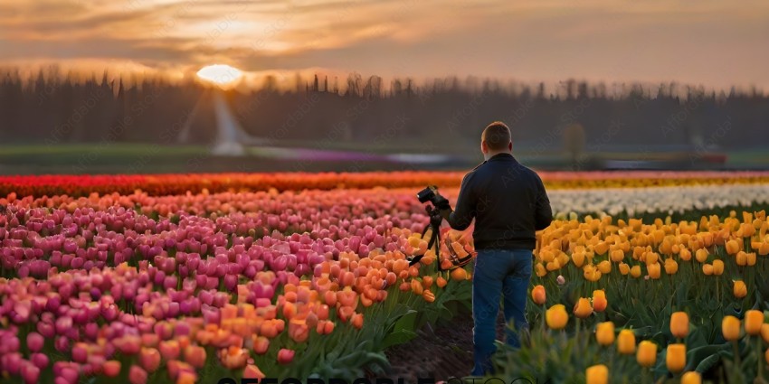 A man in a black jacket is standing in a field of tulips