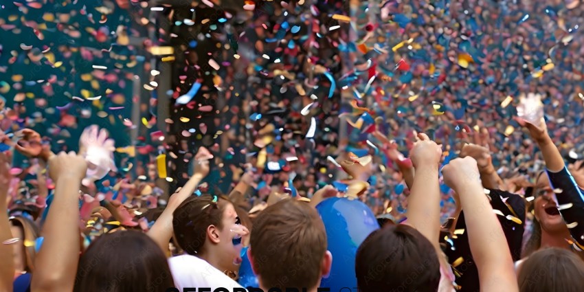 Crowd of people celebrating with confetti