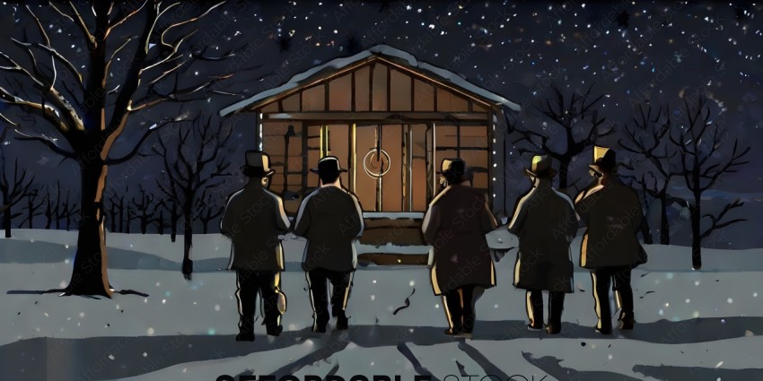 Four men in hats and coats stand in front of a building at night