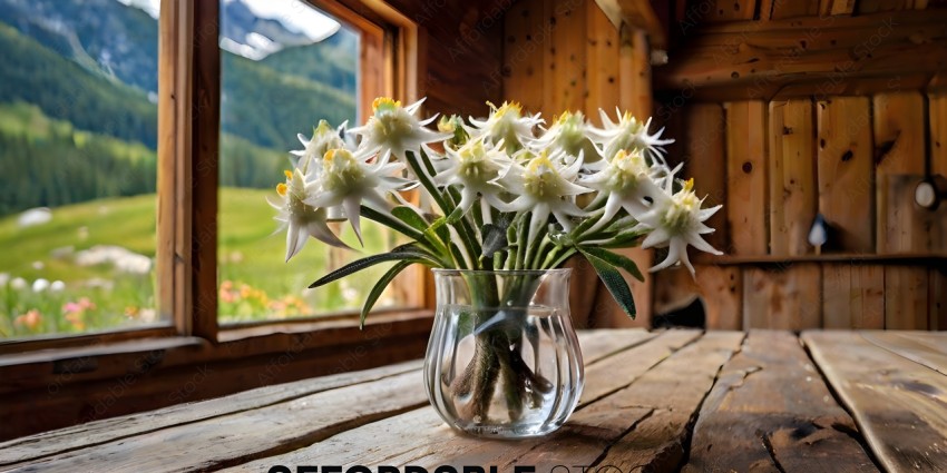 A vase of white flowers on a wooden table