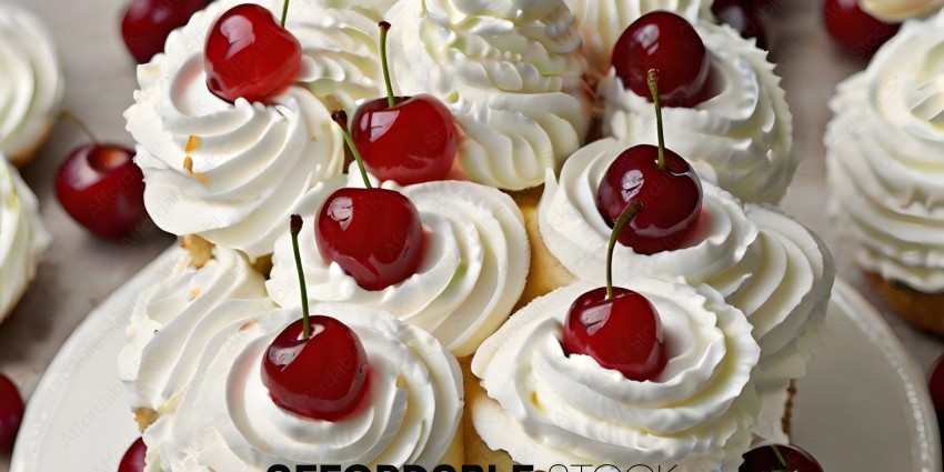 Cherry and whipped cream desserts with cherry on top