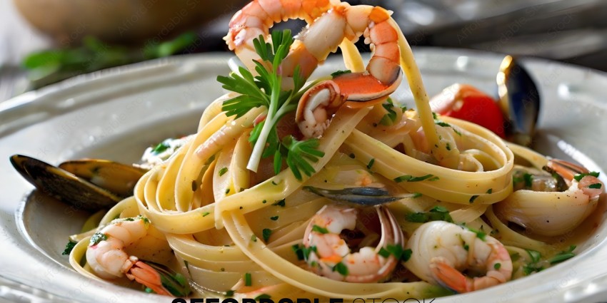 A delicious seafood pasta dish with a side of parsley