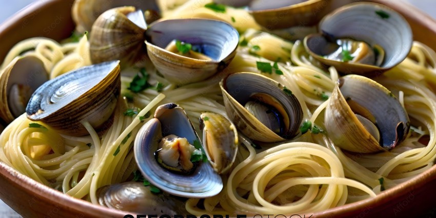 A bowl of pasta with mussels and herbs