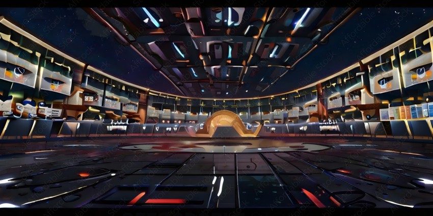 A futuristic arena with a large dome and a circular stage