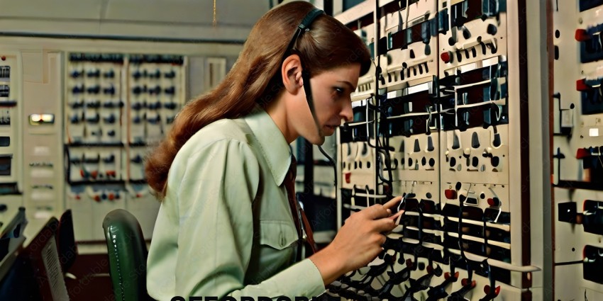 A woman in a green shirt is looking at a control panel
