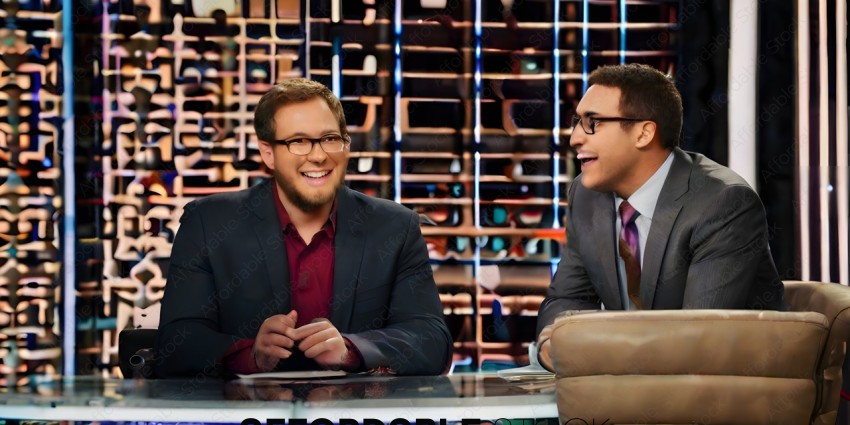 Two men in suits and glasses are laughing on a talk show