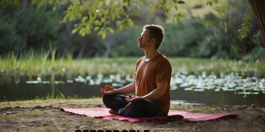 A man in a brown shirt meditating in a park