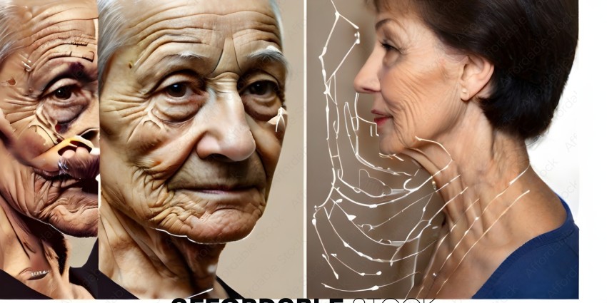 A woman with wrinkles and a spider web on her face