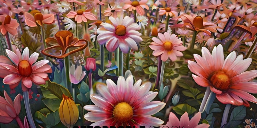A vibrant painting of flowers with a focus on a pink flower