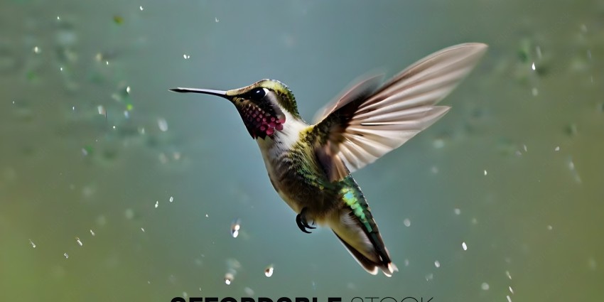 A hummingbird in flight with its wings spread wide