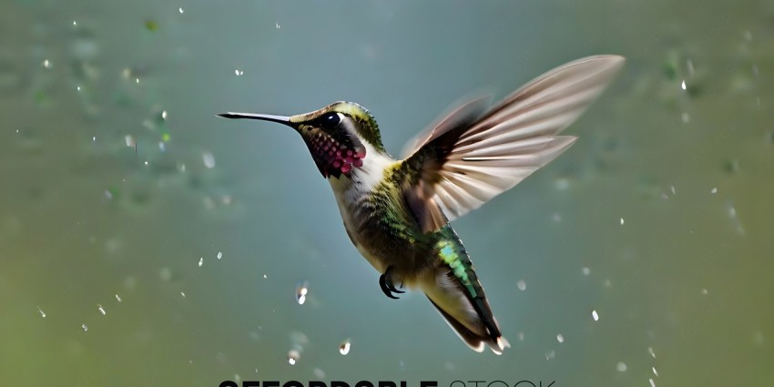 A hummingbird in flight with its wings spread wide