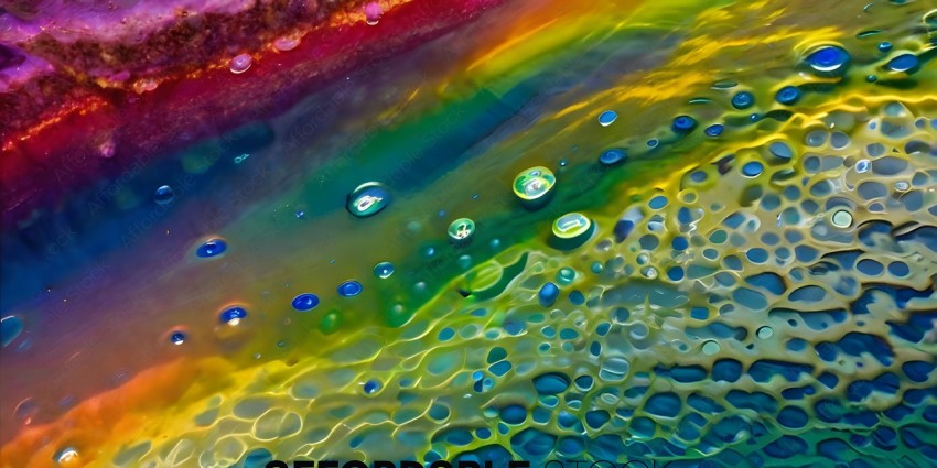 A close up of a colorful, wet surface with droplets of water