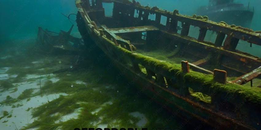 A shipwreck with seaweed growing on it