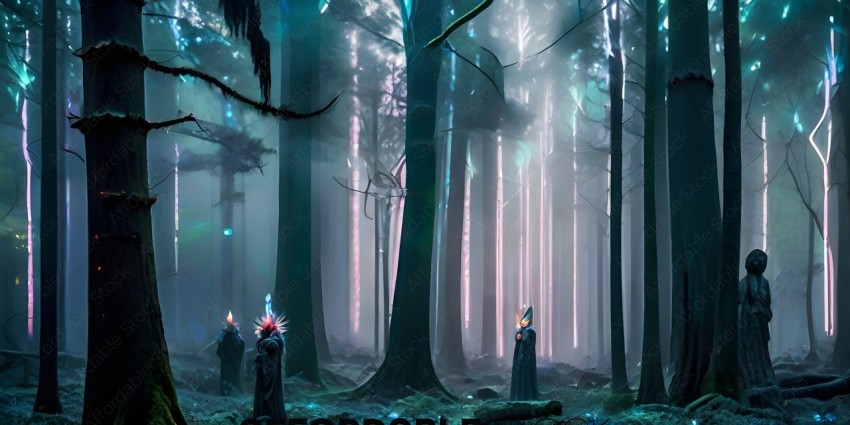 Three people in costumes in a forest