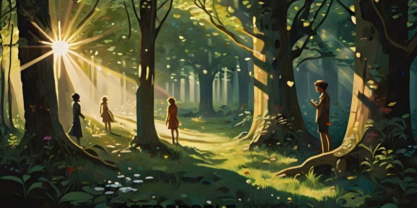 Two children walking through a forest with sunlight streaming through the trees
